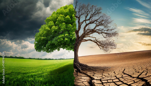 Half-green, half-drought tree symbolizing climate change impact and transition to green growth. Visual metaphor for environmental resilience