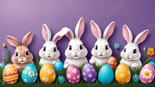 Colourful easter banner with bunnies eggs and flowers