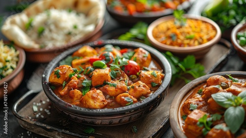 Delicious Chicken Tikka Masala, Vegetable Pulao, Paneer tikka masala, Butter Lachha paratha or naan, the group or set of Indian dishes.