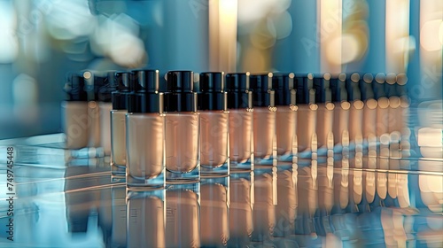 Array of foundation bottles on a reflective surface with soft bokeh.