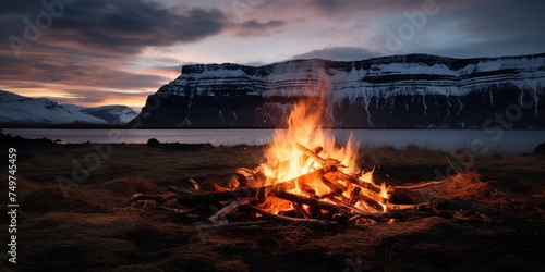 bonfire in Icelandic landscape.