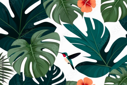 Summer pattern background with tropical leaves, flowers, monstera leaves and hummingbird.