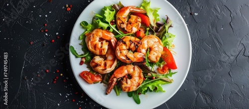 A top view of a white plate filled with grilled king shrimps and fresh lettuce, displayed against a contrasting black background. The succulent shrimps are accompanied by vibrant green lettuce leaves