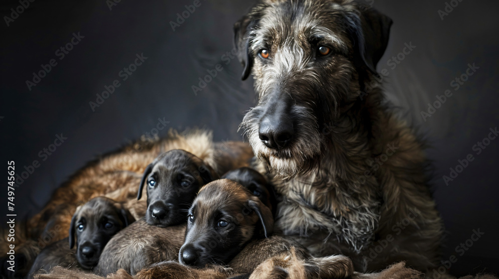 Adult Irish wolfhound dog with puppies