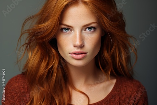 Long red hair woman in brown sweater looking at camera