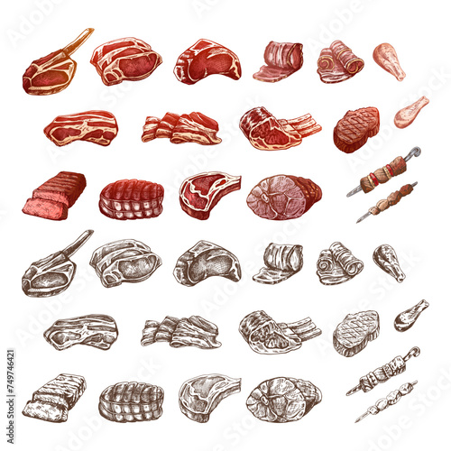 Set of hand-drawn colored and monochrome sketches of different types of meat, steaks, chicken, kebabs, bacon, tenderloin, pork, beef, ham, barbecue. Vintage illustration..