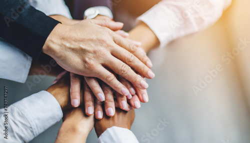 Top view of stacked hands symbolizing unity and teamwork under bright white backlight against a clean background photo