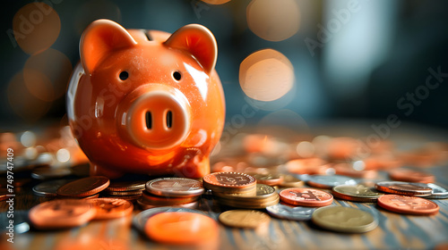 A golden piggy bank sits on a wooden table surrounded by coins. The background is blurry