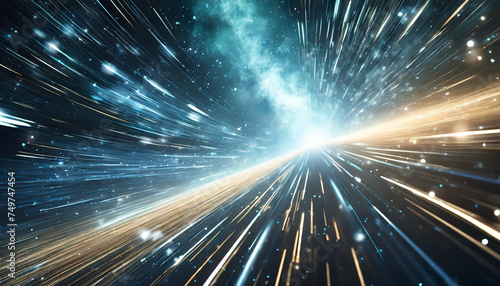 Time travel lights streak through space and galaxy, depicting the concept of light-speed travel and cosmic exploration