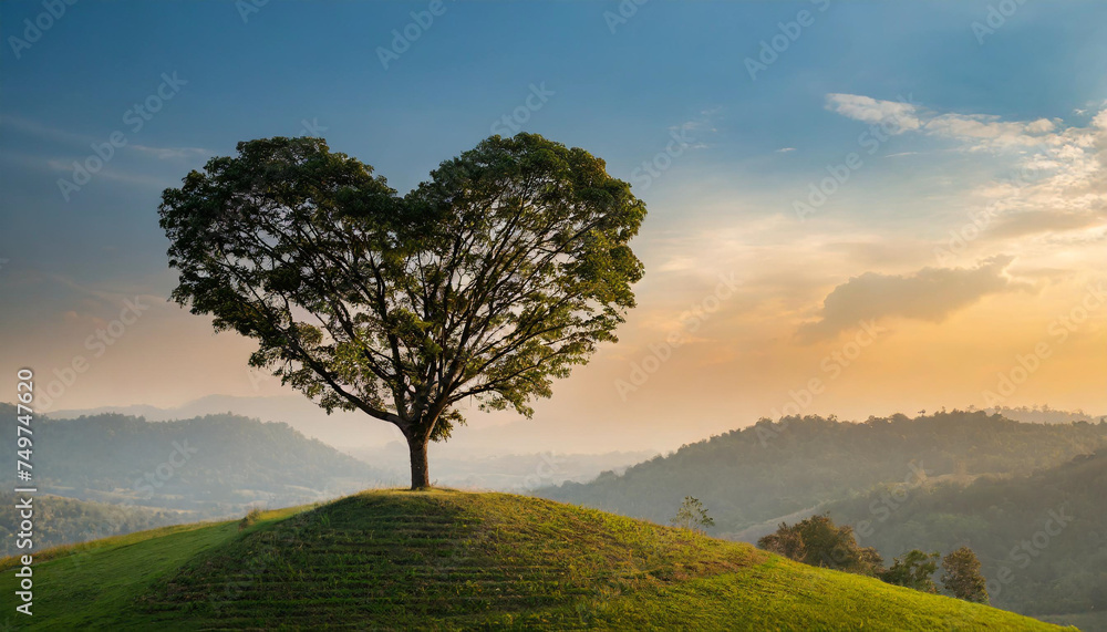 Heart-shaped tree atop hill against blue sky, symbolizing love for nature, environmental significance, with space for captions Heart-shaped tree atop hill against blue sky, symbolizing love for nature, environmental significance, with space for captions