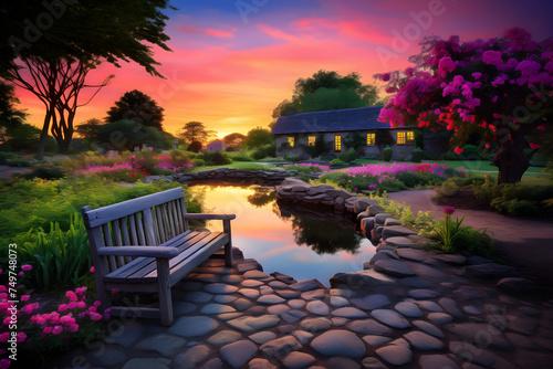 Enchanting Twilight in a Beautiful English-Style Garden with a Serene Pond and Cobblestone Walkway
