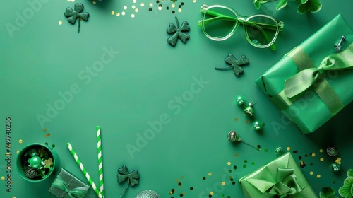 st. patrick's day decorations with top view of green party glasses, bow-tie, shamrocks cap, and gift box green background copy space
