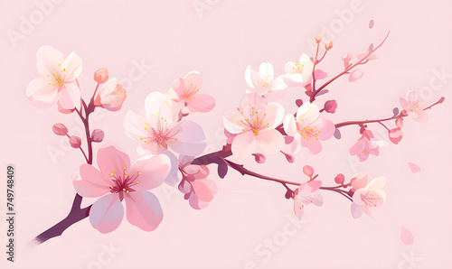 a branch of a cherry tree with pink flowers on a pink background Generative AI
