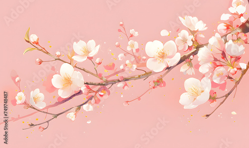 a branch of a cherry tree with pink flowers on a pink background Generative AI