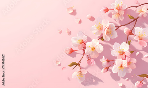 a branch of a cherry tree with pink flowers on a pink background Generative AI