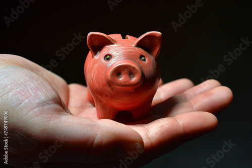 A hand holds a small money-saving piggy bank on the palm of its hand photo