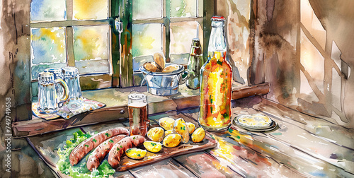 Grilled sausages, beer on wooden table in traditional restoran. panorama
