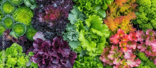 A variety of different colored plants, including luscious lettuce, sprawled across vibrant garden beds, creating a bountiful scene of fresh produce in a colorful array.