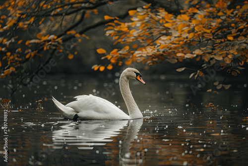 A serene swan swimming in a lake