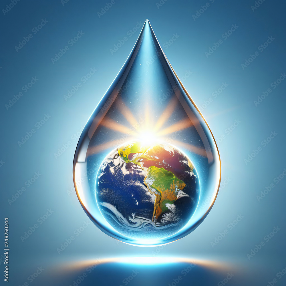 Obraz premium A single water drop and a vivid representation of earth inside it, isolated on a Blue background, World Water Day