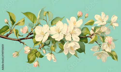cherry blossom flowers and green leaves on a teal background with a light blue backgrould backround.Generative AI