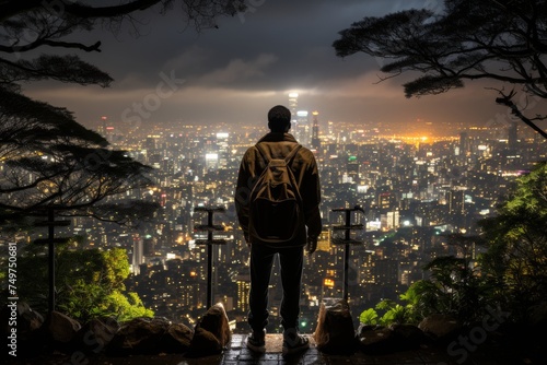 Man with backpack on hill, overlooking city at midnight under starry sky