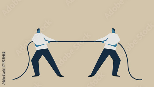 Two businessmen are playing tug of war.