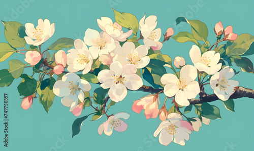 cherry blossom flowers and green leaves on a teal background with a light blue backgrould backround.Generative AI