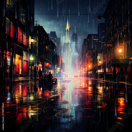 Abstract city lights reflected in rain-soaked streets.
