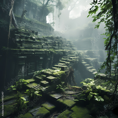 Ancient ruins in a misty jungle.