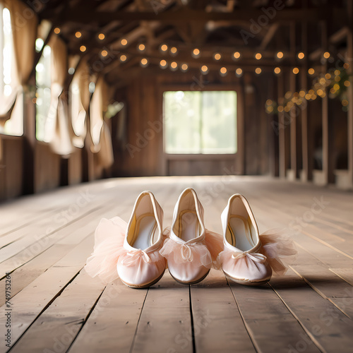 Ballet shoes on a wooden dance floor. photo
