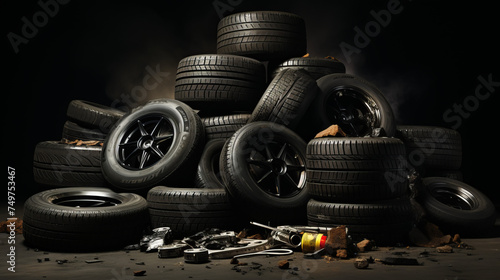 Sleek Black Car Wheels on White Background for Transport and Racing Vehicles with High Tread Tyres and Metal Equipment for Truck and Automobiles, generative AI