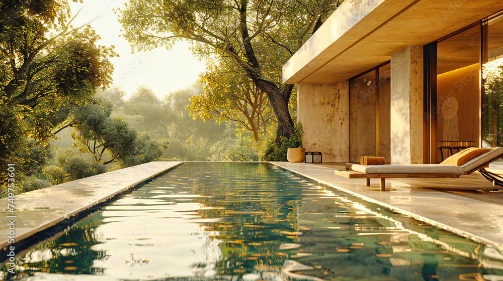 Naklejka premium Tropical Retreat: Relaxing Poolside Villa with Blue Sky and Greenery