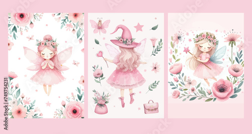 Watercolor Illustration set of Cute Fairy and flowers.