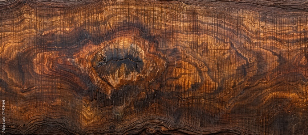 Naklejka premium A piece of dark brown wood has been precisely cut in half, revealing its textured interior. The two halves lay side by side, showcasing the rich color and grain of the wood.