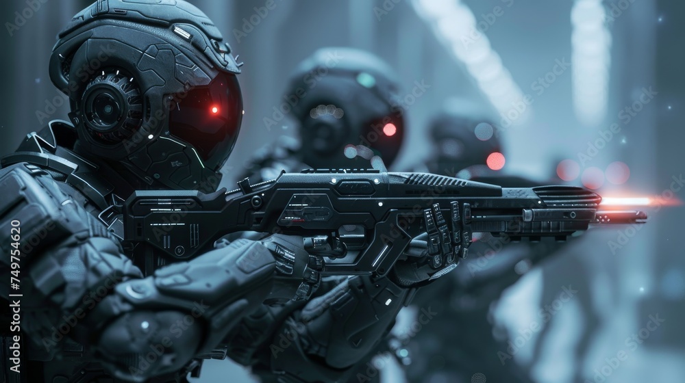Futuristic Soldiers with Sci-Fi Weapon in Hands Ready for the Battle, Space War Concept Futuristic Soldiers with Sci-Fi Weapon in Hands Ready for the Battle, Space War Concept