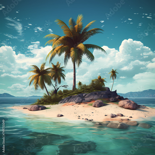 Deserted island with a single palm tree.