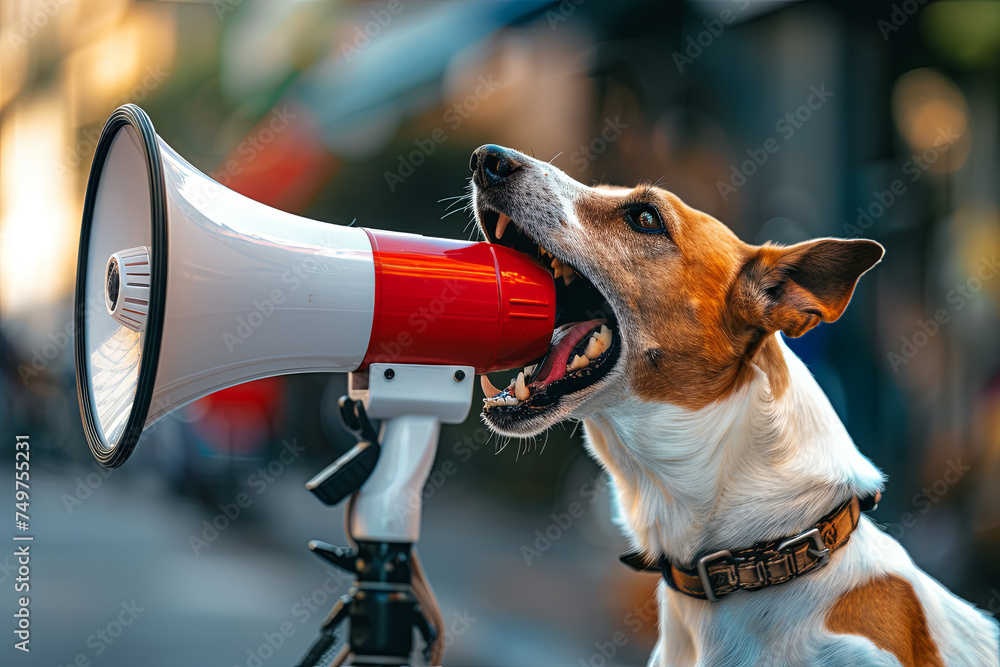 Fototapeta premium Dog yelling into a red and white megaphone
