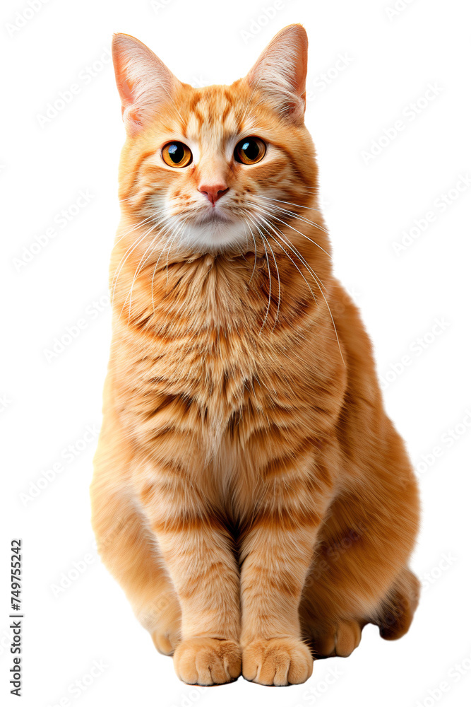 Cute British orange cat sitting, isolated on transparent background