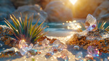 a sparkling desert oasis at sunset with palm trees and a glittery crystal gems shore.