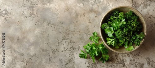 A ceramic bowl filled with fresh parsley sits on a sleek marble surface. The vibrant green herb contrasts beautifully against the white marble, offering a simple yet elegant display.