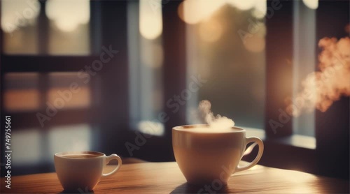 Cup of coffee or cappuccino with smoke in a cozy cafe setting. photo