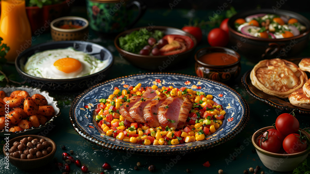 A close-up photo of a vibrant dish of roast pork and corn salad, showcasing the diverse flavors of Mediterranean inspired cuisine.