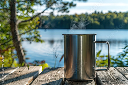Touristic mug with hot tea on a wooden table with the view of the lake and forest