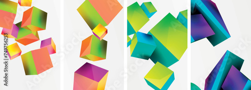 Flying 3d shapes, cubes and other geometric elements background design for wallpaper, business card, cover, poster, banner, brochure, header, website