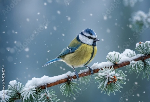 A blue and yellow bird tit is perched on a branch covered in snow. Concept of tranquility and peacefulness, as the bird is alone and undisturbed in its natural habitat © orelphoto