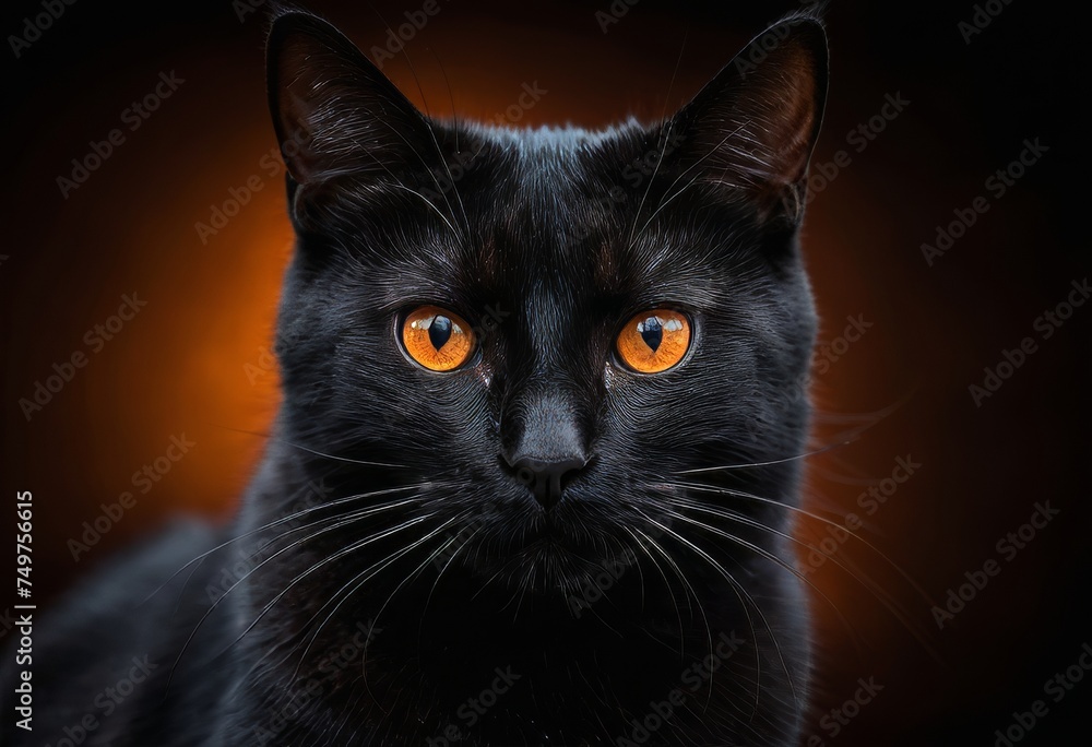 A black cat with orange eyes is staring at the camera. The cat's eyes ...