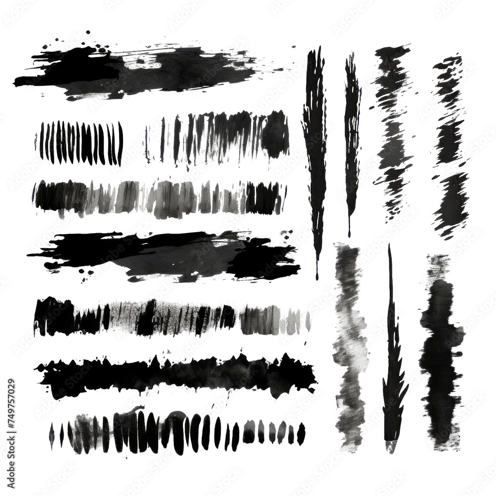 Collection of detailed ink splats isolated on transparent background