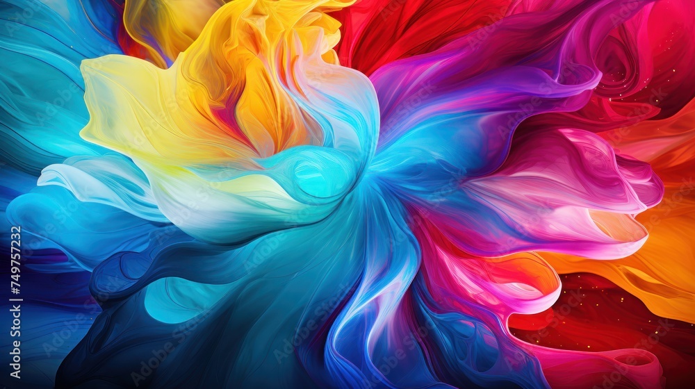 The merger of vibrant swirls of primary colors creates a kaleidoscope effect.