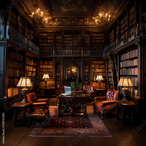  Old-fashioned library with leather-bound books and dim lighting.